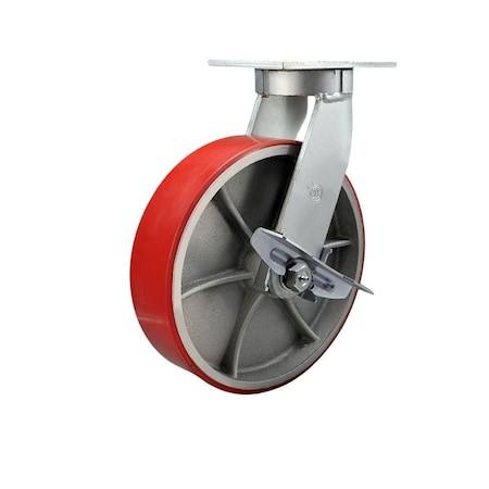 Service Caster 10'' Extra Heavy Duty Red Poly on Cast Iron Wheel Swivel Caster with Brake CRAN-SCC-KP92S1030-PUR-RS-SLB